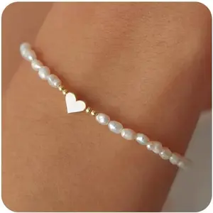 SageVell Trending Dainty Pearl Heart Bracelet for Women, Gold Charm Beaded Stackable Bracelet
