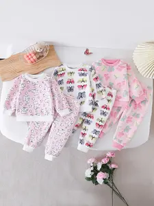 Girls' set, baby girl winter pants set three piece set, butterfly print set long sleeved and long pants combination set, popular clothing for the new school season, suitable for going out to school, comfortable winter outfit, Easter gift
