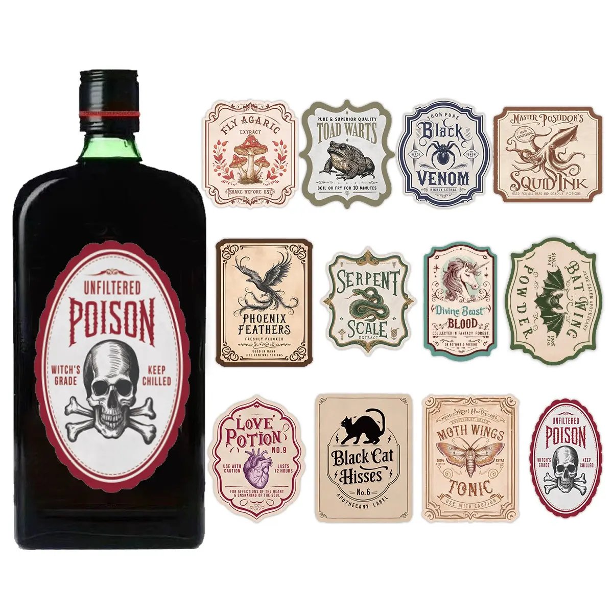 12 Vintage Magic Potion Bottle Labels, Witch Potion Decor Stickers, Halloween Mystery Potion Art, Distressed Leather Style, Journal Decoration