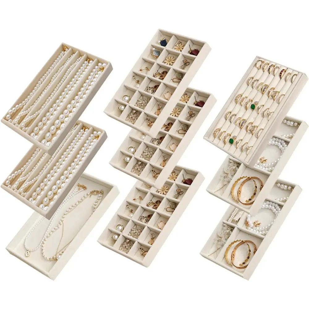 Women's Velvet Jewelry Storage Container Set - 9-Piece Stackable Rectangle Organizer Trays with Removable Dividers, Bracelet Holder, Multi-Size Home Supplies for Organized Rings, Necklaces, Tray Set, 9-Piece Set