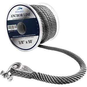Made 3/8 Inch 100FT 150FT Premium Solid Braid MFP Anchor Line Braided Anchor Rope/Line with Stainless Steel Thimble and Shackle, Grey (3/8" x 50')