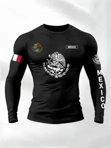 Men's Sporty Round Neck Long Sleeve T-Shirt for Spring & Fall, Athletic T Shirt, Mexican Eagle Snake Letter Pattern, Comfortable Streetwear