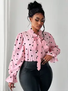 Women's Plus Size Bow Tie Detail Shirt, Casual Fashion, Daily Wear, Valentine's Day Spring Autumn Fabric, Ladies Clothing
