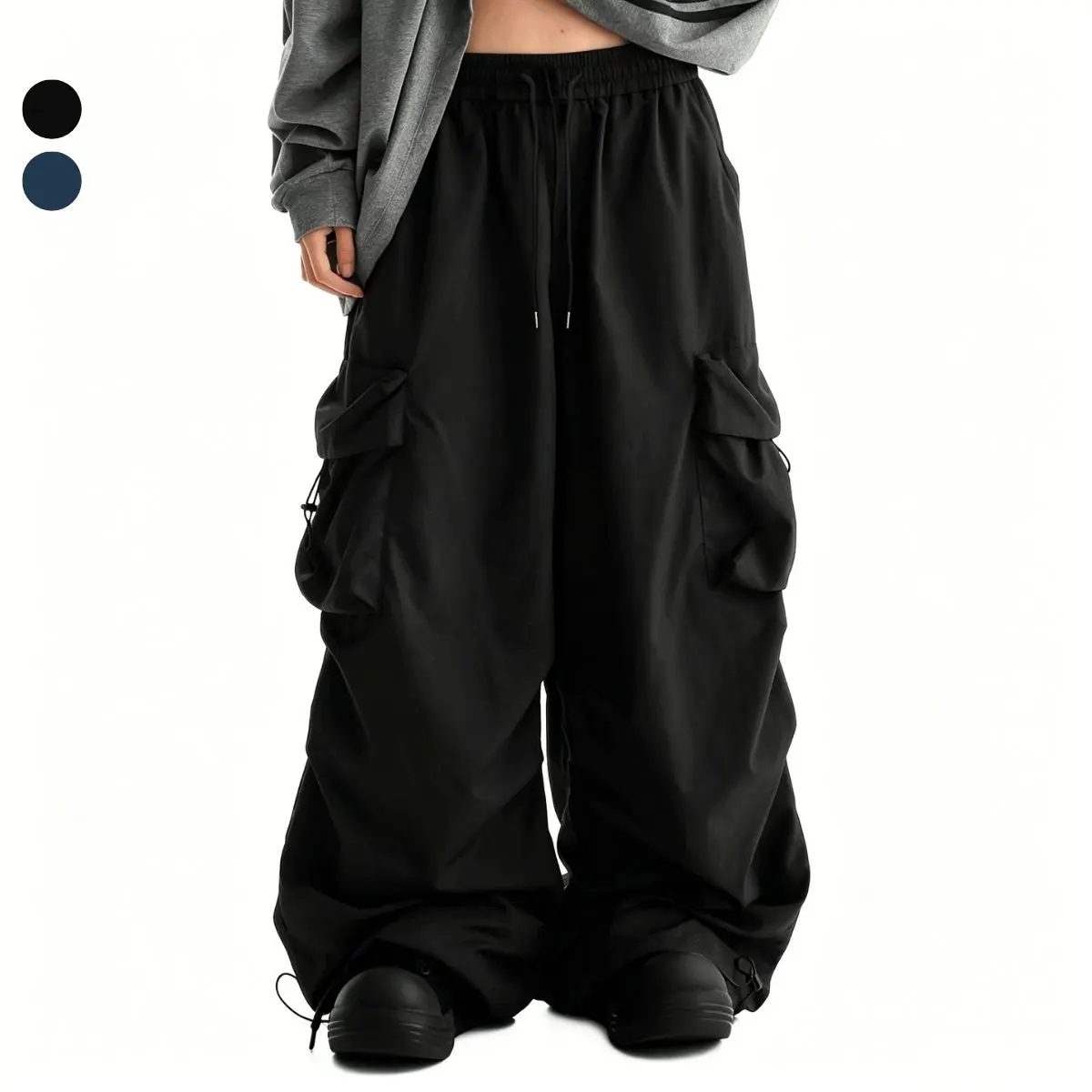Men's Wide Straight-Leg Cargo Pants, Plain Casual Male Clothing with a Drawstring Elastic Waist and Multiple Pockets, Straight Pants, Mid Waist, Street, Oversize, Baggy, Long, Utility Pocket, Wide-Leg