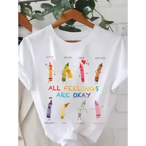 Women’s cartoon crayon print crew-neck T-shirt, fashionable casual short-sleeve tee, women’s summer everyday wear GARMENTARY