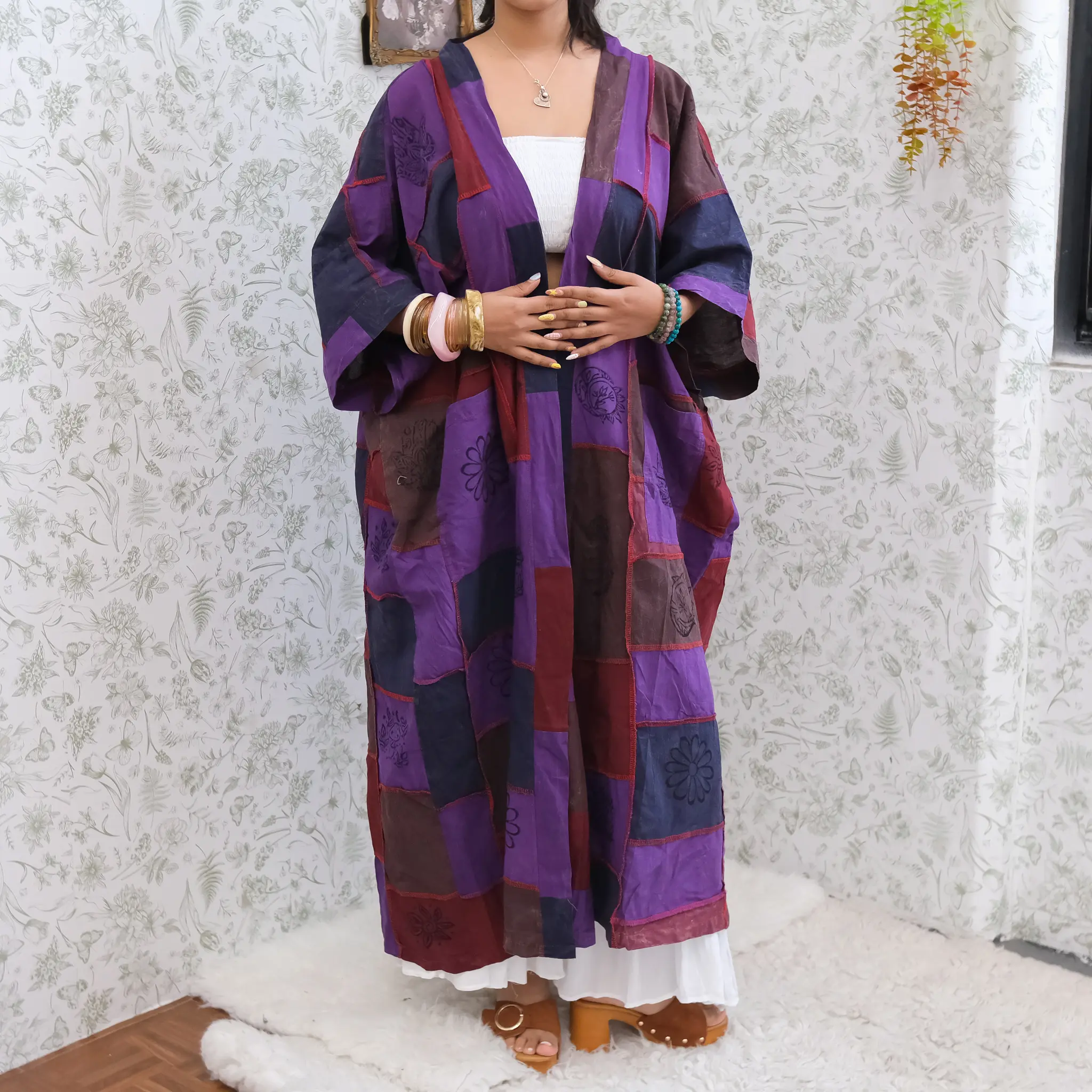 Patchwork Long Kimono Cardigan Women, Boho Cotton Duster, Oversized Hippie Festival Cardigan with Pockets, Handmade Bohemian Jacket