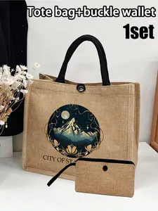 Khaki Linen Tote Bag, Including A Vintage Flower Wreath Mountain Peak Pattern, City Of Starlight Letters Tote Bag And A Small Bag/Coin Purse,Mountain Peaks, Moon, Golden Flowers, Mother's Day Gift, Personalized Gift Package