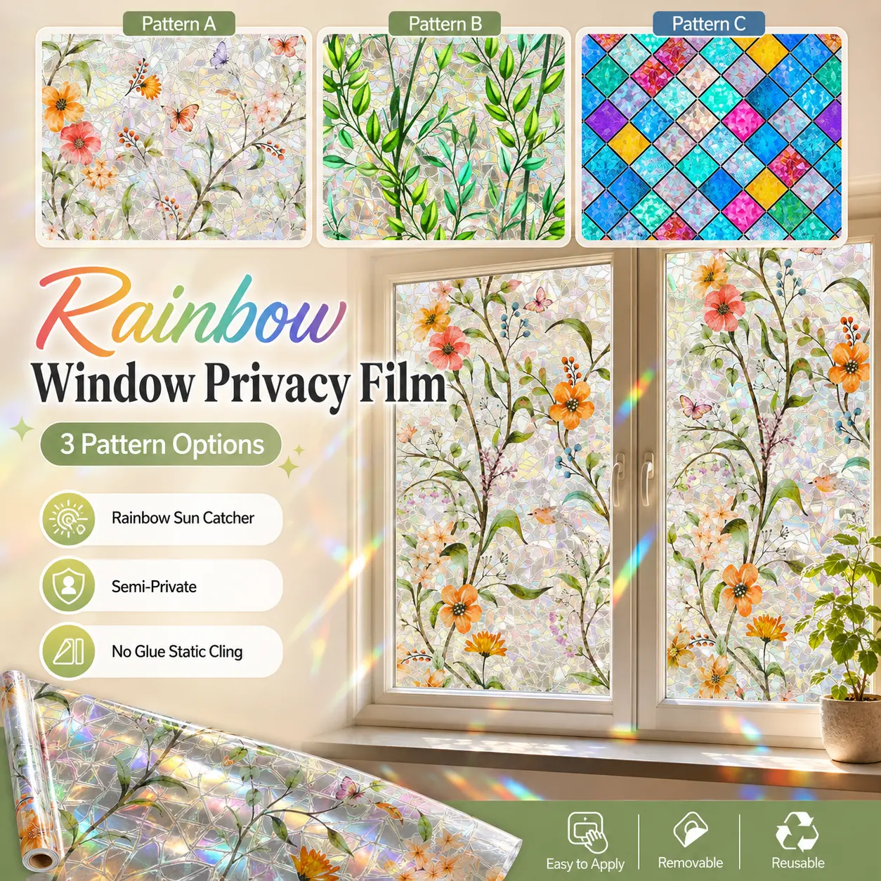 Stained Glass Window Film 17.7×78.7 Inch – Rainbow Privacy Film, UV Blocking Sun Catcher Decals, Non-Adhesive Removable Glass Sticker for Home Office