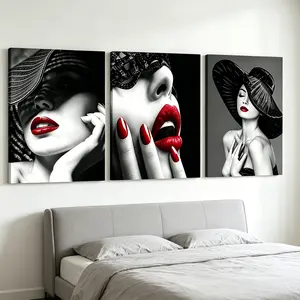 Modern Fashion Woman Pattern Canvas Painting, 3 Pieces Set Wooden Framed Wall Art, Aesthetic Wall Decor for Home Living Room Bedroom Office Interior Decoration