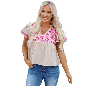 Women's Beige Floral Embroidered Blouse with Notched V Neck and Flutter Sleeves
