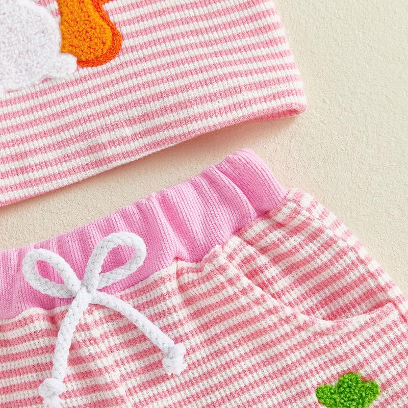 Toddler Baby Girl Boys Easter Outfits Set Short Sleeve Carrot Bunny Letter Embroidery T-Shirt and Shorts Infant Easter Clothing Set 0-3 Years