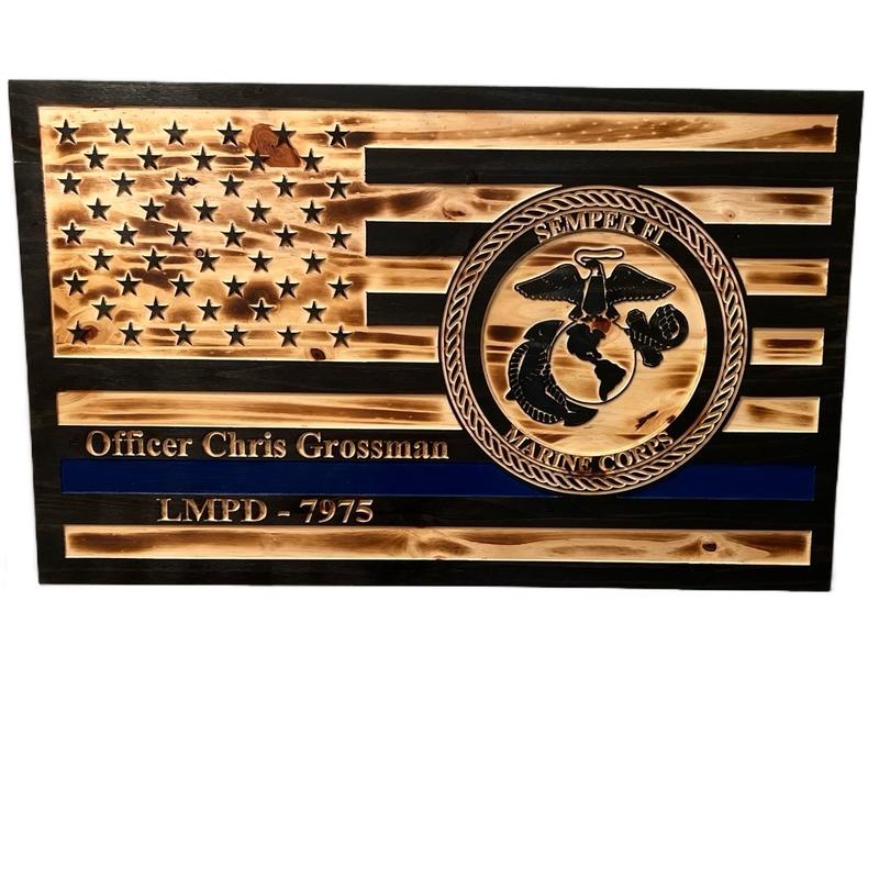 Custom engraved wooden American flags for police, firefighters, veterans or active duty military make great decor and hangable.