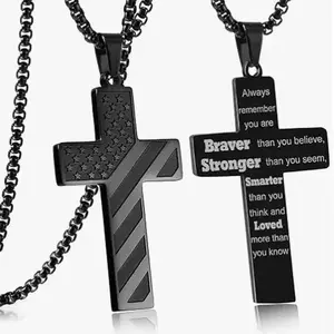 New-Style Bible Cross Pendant American Flag Cross Necklace Symbol of Patriotism Stainless Steel Car Rearview Mirror Ornament Patriotic Design