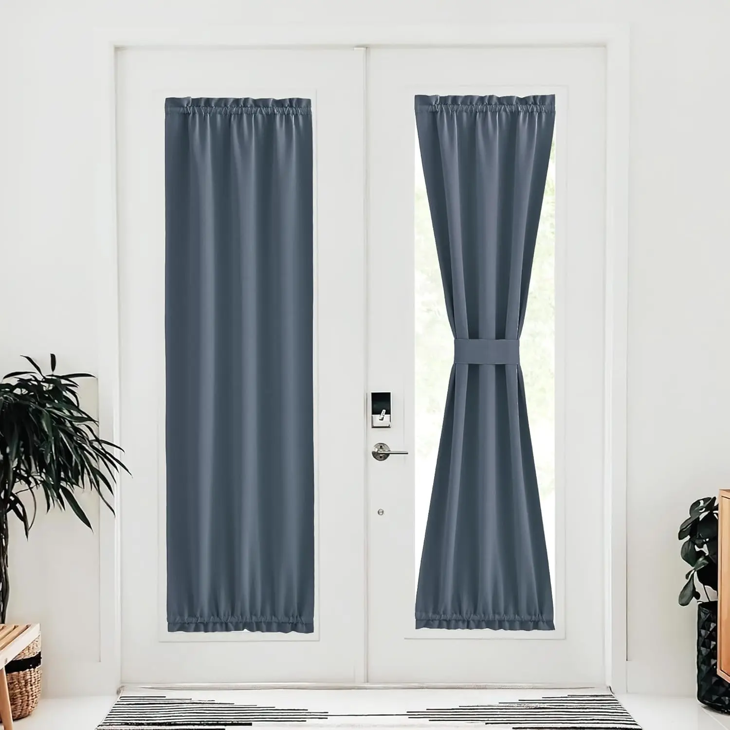 NICETOWN Single Panel Solid French Door Blackout Blocker Curtain, 25x80" Stone Blue Kitchen Thermal Insulated Drapes with Rod Pocket & Tieback for Glass Doors Temporary Window Treatment