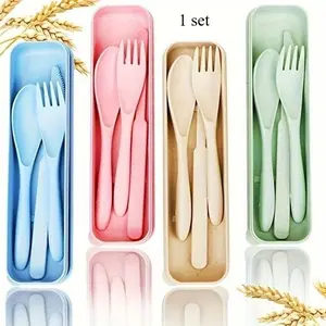 Reusable Cutlery Set, 1 Set Portable Wheat Straw Cutlery Set, Including Spoon & Fork & Knife, Tableware Set for Travel Picnic Daily Use