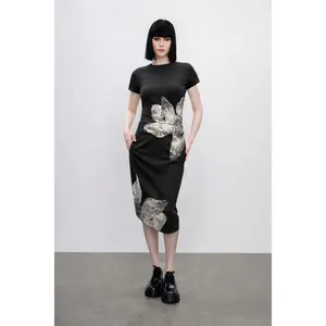 TCH - Black dress with floral rhinestones Women