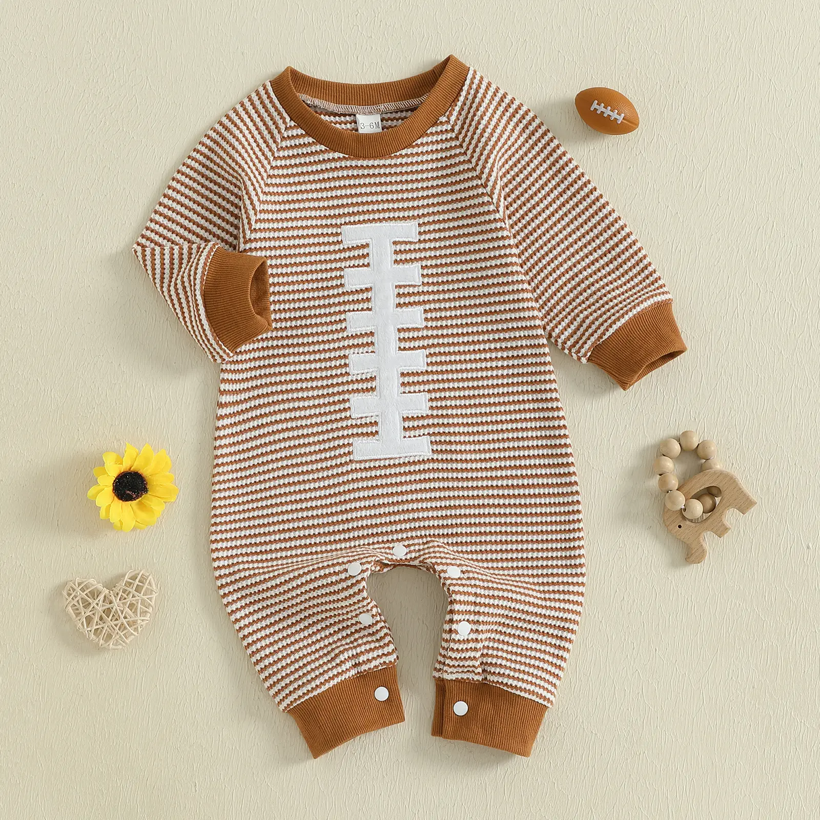 Infant Baby Boy Fall Sweatshirt Romper Casual Rugby Stripe Print Long Sleeve Jumpsuit Cute Outfit 0-18 Months
