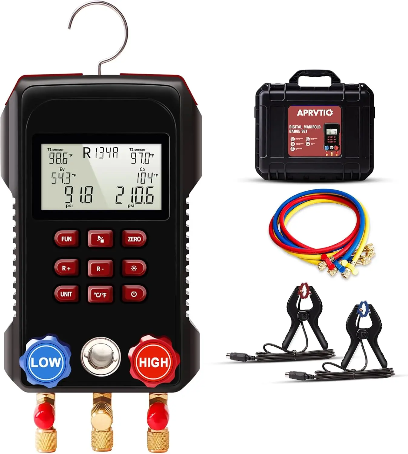 Aprvtio AMF-300 PRO Digital Manifold Gauge for 112 Type Refrigerants with Temperature Clamps, Digital AC Gauge Set Automotive Refrigeration HVAC System Gauge Set for Automotive HVAC System HVAC Tools Kit R134a R22 R32 R454B A2L manifold gauge set way