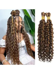 P4/27 Deep Wave Deep Bulk Human Hair For Braiding No Weft Highlight Ombre And Wavy Micro Braiding Hair Human Hair Bulk For Boho Box Braids 100g With 2 Bundles Natural Wavy Hair Natural Wavy Hairpieces