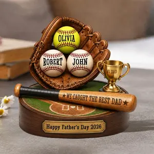 We Caught The Best Dad Baseball Wooden Plaque Fathers Day Gift For Husband, Custom Baseball Sign With Kids Name, Sports Grandpa Wooden Block