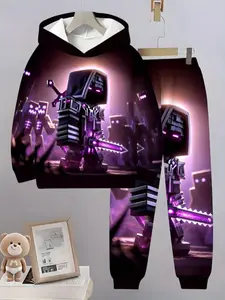 Boys' 3D Pixel Knight Print Hoodie and Casual Pants Set, Spring & Fall School Season, Outdoor Activities, Ages 13 and Below