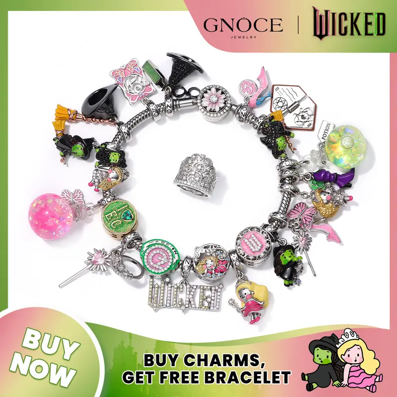 GNOCE Wicked Glinda the Good Witch S925 Sterling Silver Dangle Charm Bracelet - 0.45cm Hole, Cubic Zirconia, Enamel, Pretty Bracelet, Elegant Bangle, Exquisite Piece, Fashion Accessory, Jewelry Item, Women's Gift