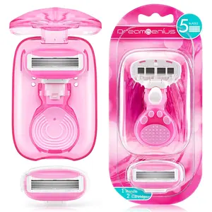 Travel Razors for Women Include 1 Handle and 2 Cartridges, Portable 5-Blade Mini Razor with Travel Case, The Best Travel Size Toiletries for Women, Pink