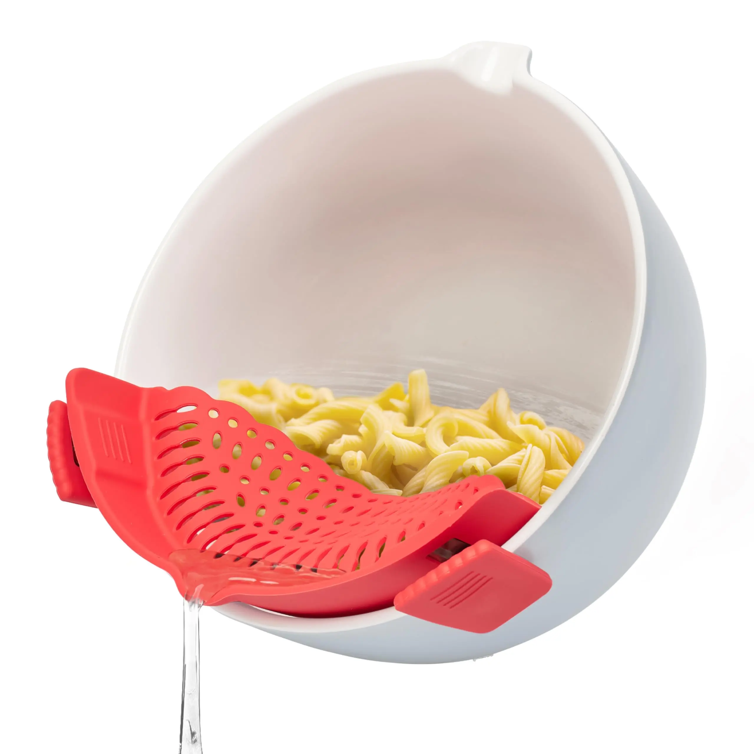 Pot Strainer - Red Silicone Clip on Strainer for Meat, Pasta, Vegetable Drainer - Universal Design Fits Round Pots, Pans, Collander and Bowls Handle - 9x2.1 inch