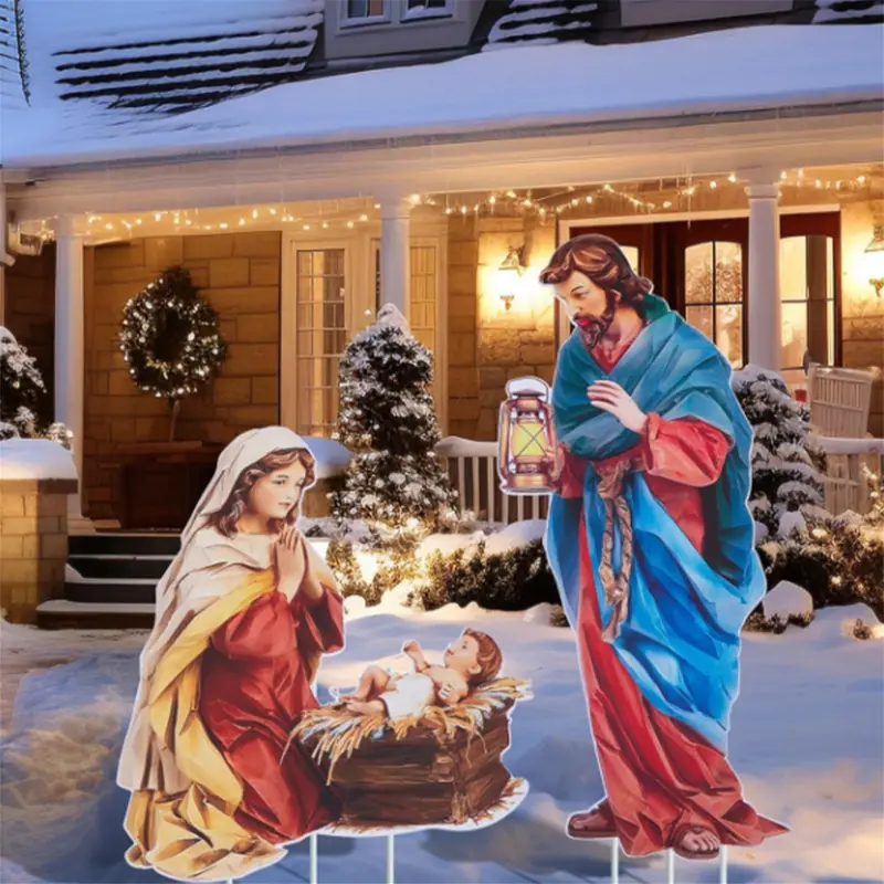 Sets of 3 Acrylic Nativity Scene Outdoor Christmas Decorations Jesus Birth 2D Flat Yard Stakes Nativity Garden Signs for Christmas Lawn Pathway