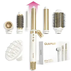GLAMUP Dual Voltage 6 in 1 Hot Air Styler & Hair Dryer Brush, No Heat Damage, 110K RPM Speed Motor & Negative Ions for Frizz-Free Fast Drying, Curling, Volumizing & Diffusing, for Curly & Thick Hair