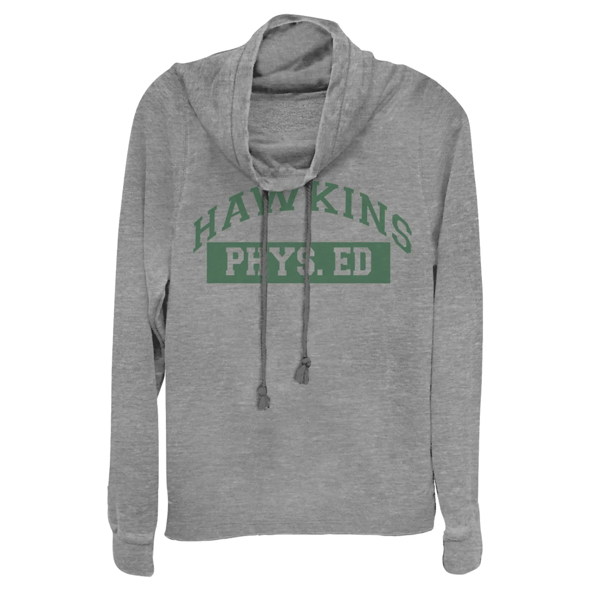 Juniors Womens Stranger Things Hawkins Phys. Ed Costume Cowl Neck Sweatshirt