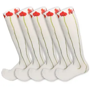 GTXVZYS 5 Pairs White Red Poppy Floral Knee-High Crew Socks Breathable Polyester & Spandex Fabric Comfortable Fit for Daily & Fashion Inspired Wear Industrial Romance Design Elastic Unique Fashion Accessory Essential