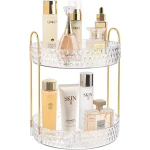 Rotating Makeup Organizer for Vanity, 2 Tier Perfume Skincare Storage for Women, Bathroom Counter Organizer, 360° Spinning Cosmetic Holder for Dresser Countertop, Clear