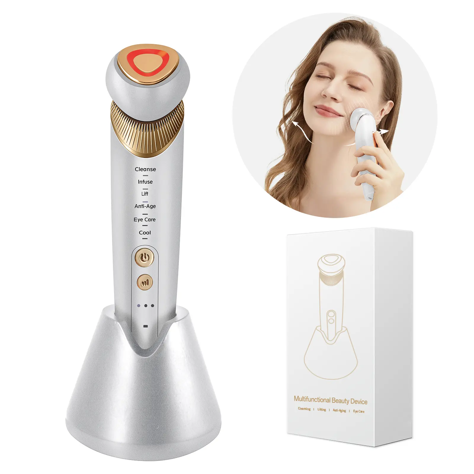Yuonry 6-in-1 Age-Defying Lightweight Skin Care Tool (Purple) - Eye, Face & Neck Lift & Firm, 5-Color Light Therapy, Microcurrent, Vibration, Heat & Cooling, Cleansing for Daily Sensitive Skin, Anti-Wrinkle Beauty Roller, Gift