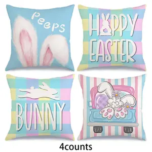 Easter Themed Cushion Cover, 4 Counts/set Cute Rabbit Egg Pattern Throw Pillow Cover, Household Decoration Supplies for Home Living Room Sofa