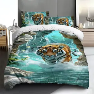 Three-piece bedding set - 2pcs/3pcs 2D Flat blue-green water tiger pattern duvet cover set (1 duvet cover + 1/2 pillowcases, no insert), multi-color printed bedding set, soft and comfortable, suitable for family bedrooms and guest rooms.