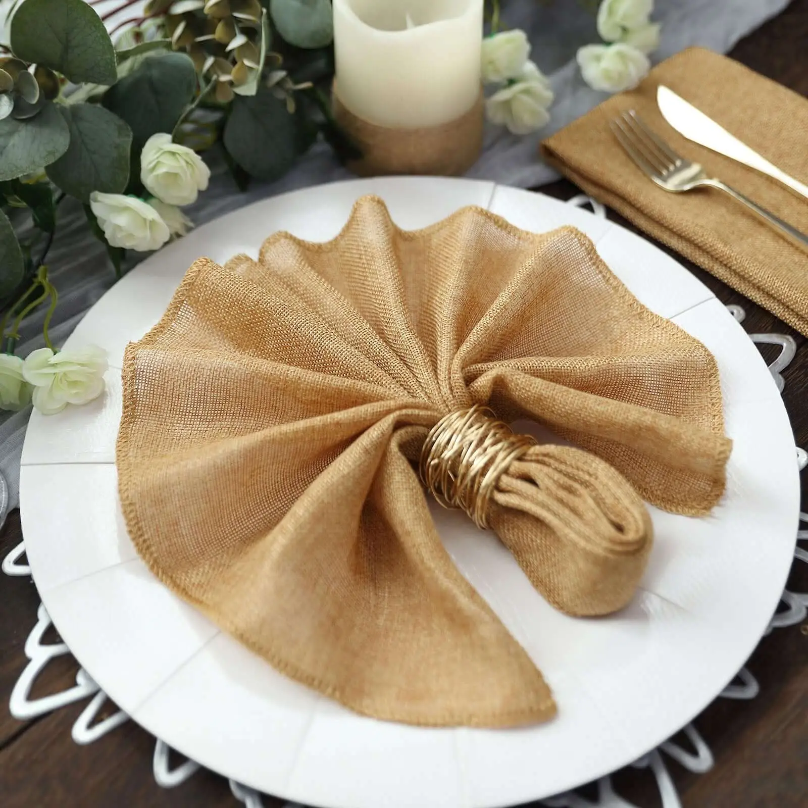 5 Pack Faux Jute Cloth Napkins, 19"x19" Gold Tableware - Rustic Chic Dinner Napkins for Banquets, Barn Venues, Craft Shows with Authentic Burlap Look, Outdoor Picnics