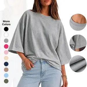 Flowyair Women's Oversized Cotton Fabric T-Shirt, Minimalist Round Neck, 3/4 Sleeve, Loose Boxy Casual Summer Basic Tops
