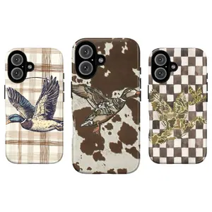 Duck Wildlife Collage Phone Case, cream plaid cowhide checkerboard brown camouflage flying duck rustic Americana outdoor vibes baddie baby girl no bad vibes aesthetic gift play now, iPhone 17 16 15 14 13 12 Pro Max Plus