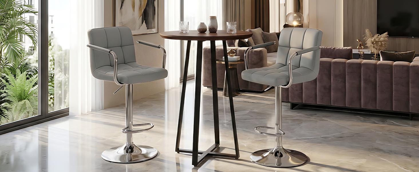 Set of 2 Swivel Bar Stools with Armrests, Adjustable Counter Height Bar Chairs with Backrest & Footrest, PU Leather Modern Barstools for Kitchen Island, Home Bar, Dining Room, Cafe