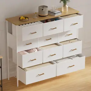 Wide TV Stand Modern TV Console, 11 Drawers Tall Dresser for Bedroom, Fabric Storage Cabinet, Chest of Drawers for Closet, , Living Room(White)