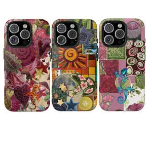 Whimsical Boho Phone Cases for iPhone 7–17 & Samsung S21–S25 – Artistic Collage Design with Gecko, Frog, Stars, Flowers & Mushrooms, Vintage Fantasy Nature Aesthetic, Colorful Handmade Protective Cover, Trendy Retro Lizard Art Case