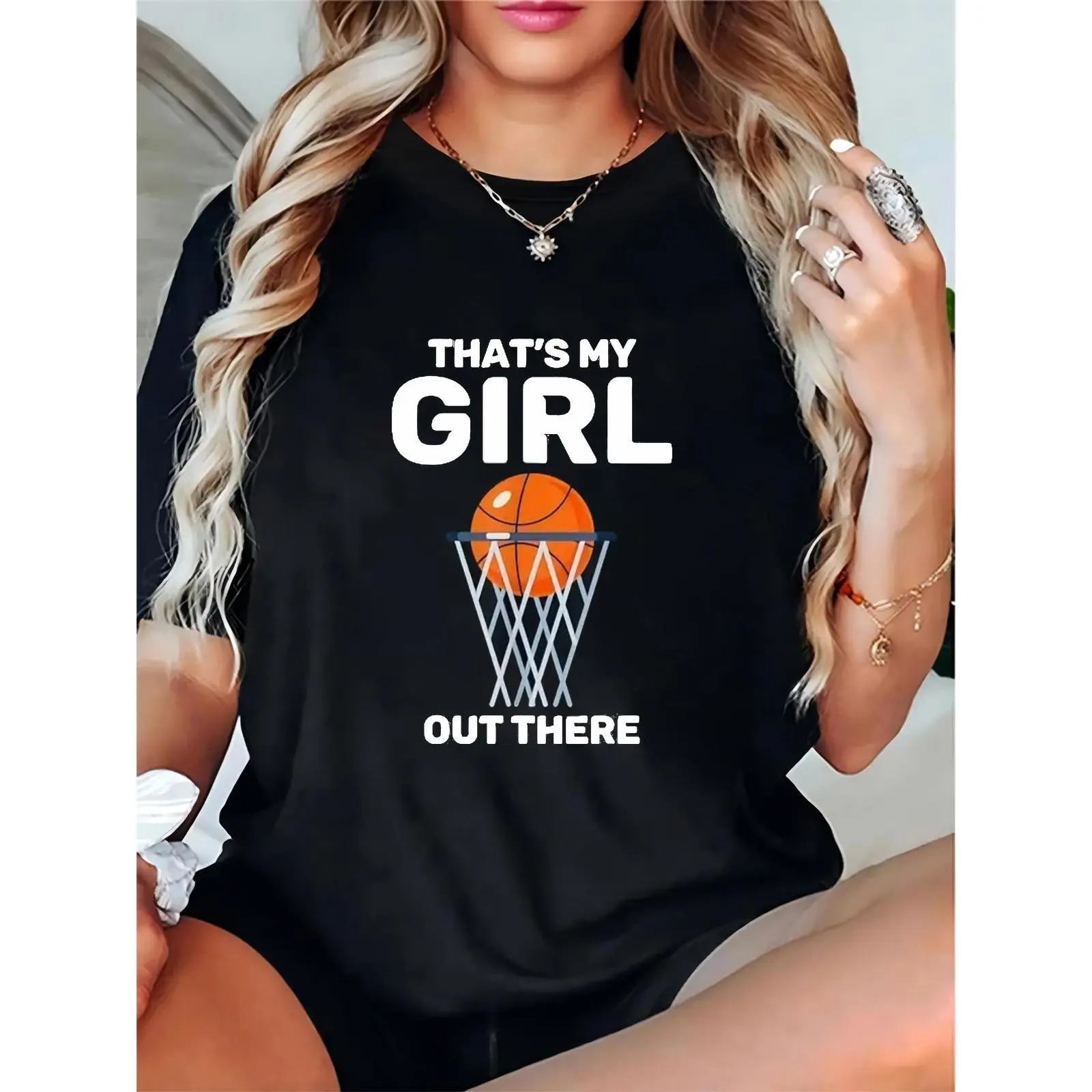 Women's Crew Neck Breathable Graphic T-Shirt - 'That's My Girl' Basketball Print, 100% Cotton Short-Sleeve Top, Comfortable Lightweight Fit for Sports Parents