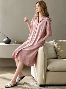 Women's Summer Button Down Pajama Dress Short Sleeve Loungewear with Pockets Casual Solid Pink Shirt Nightgown Loose Fit Sleepwear House Dress