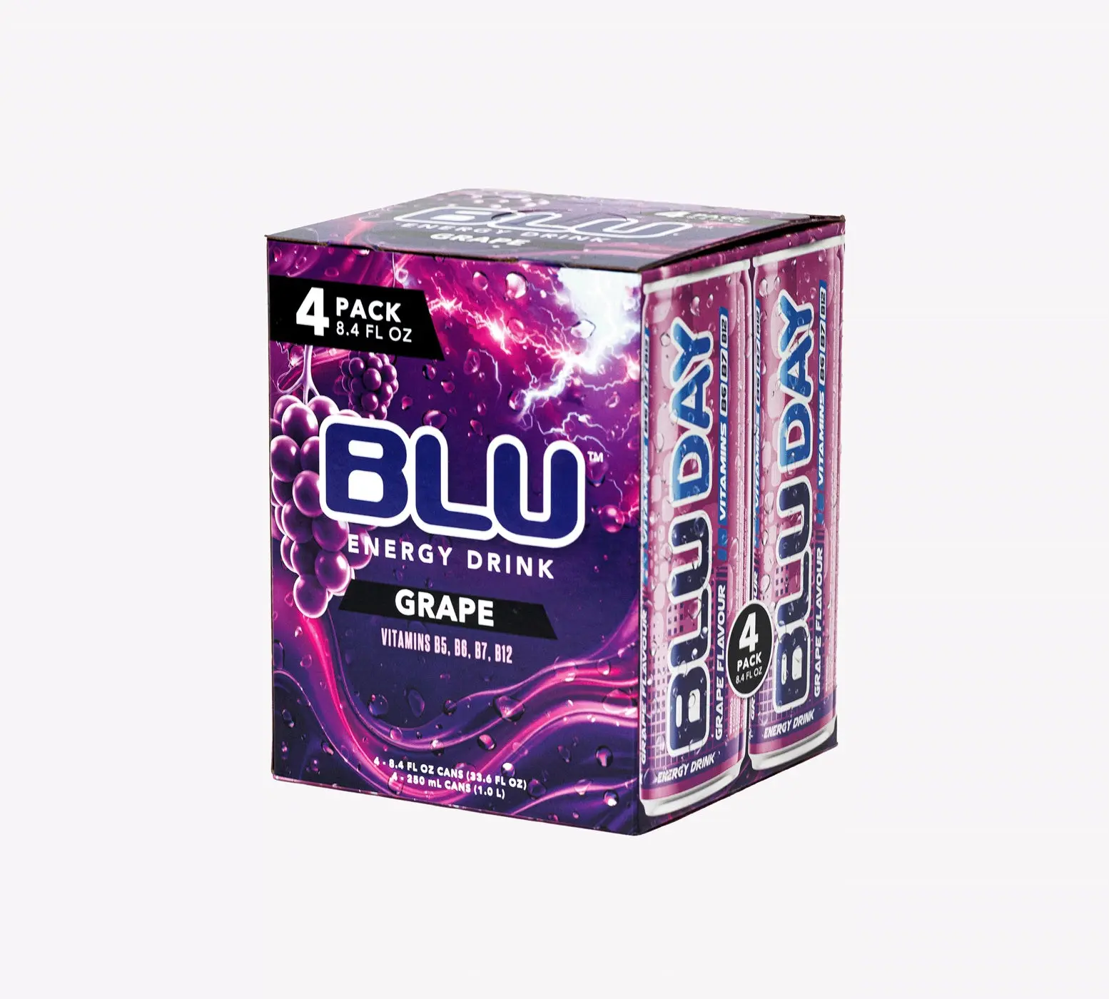 BLU Grape 4-Pack Energy Drink - Smooth Refreshing with B Vitamins B3 B6 B12 for Focus & Energy - 8.4 fl oz - Clean Energy Beverage