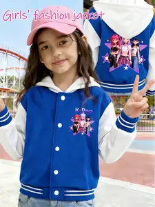 K-Pop Anime Girls Print Baseball Jacket | Soft Fleece Hooded Kids Coat | Trendy Kpop Fashion Outerwear for Girls