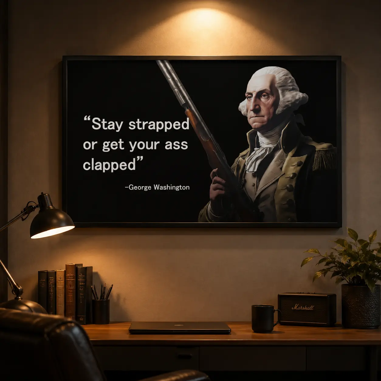 Framed Artistic George Washington Poster - "Bring Your Gear or Get a Beating" - Home Decor, College Dorm Wall Art, Ideal Man Cave Gift, Father's Day Present