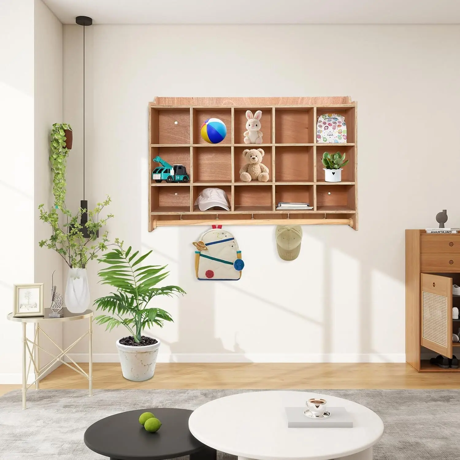 【Christmas Gift】Wall Mount Cubby Storage Organizer 15 Cubbies with Shoe Shelf Hooks 47Inch Width Daycare Shelves for Toys Classroom Furniture Kids Room Organization