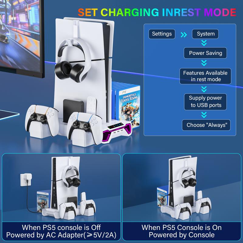 PS5 Cooling Station Charging Base with Upgraded Touch Screen for Standard/Slim/Pro, All-in-One Stand Compatible Disc/Digital, Dual Controller Charger,3-Level Cooling Fan, 3 USB Hub, Best Christmas Gift for Gamers