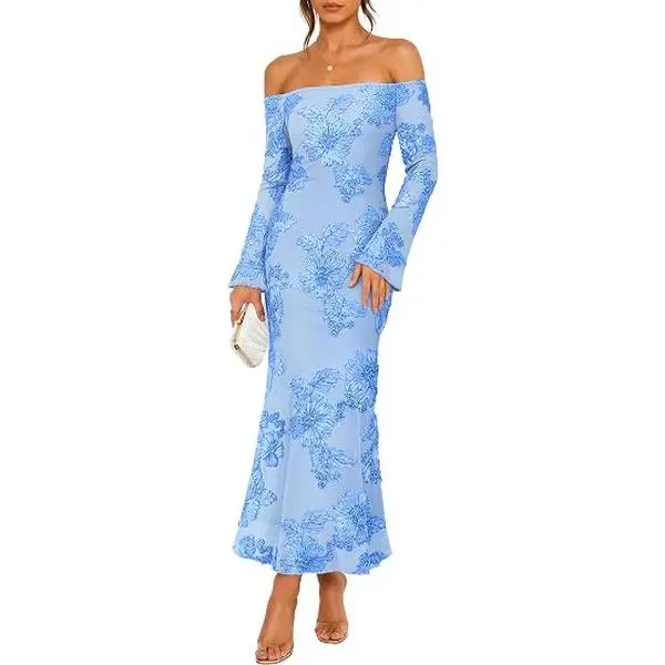 ZESICA Women's Fall Off Shoulder Floral Wedding Guest Maxi Dresses | Long Sleeve, Mesh Boydcon, Fully Lined, 2026 Cocktail Party Formal Bridesmaid Evening Date Night Baby Shower Elegant Dress